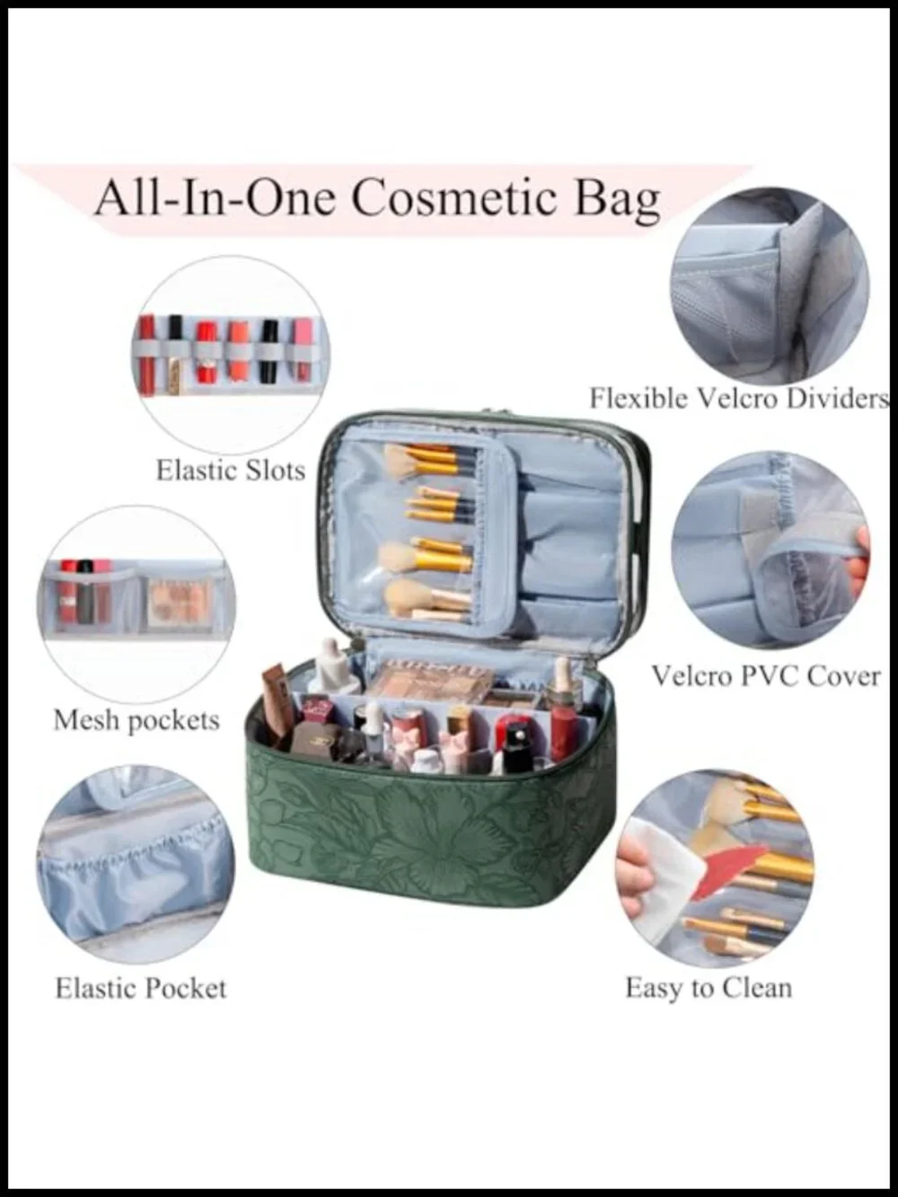 Double Layer Cosmetic Makeup Bag with Brush Storage, Waterproof Leather Floral